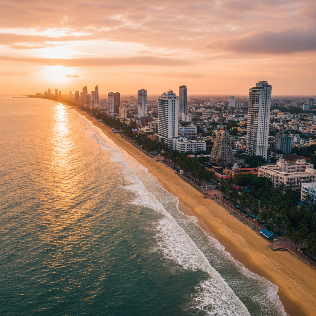 Aerial view of Chennai city with Marina Beach at golden hour